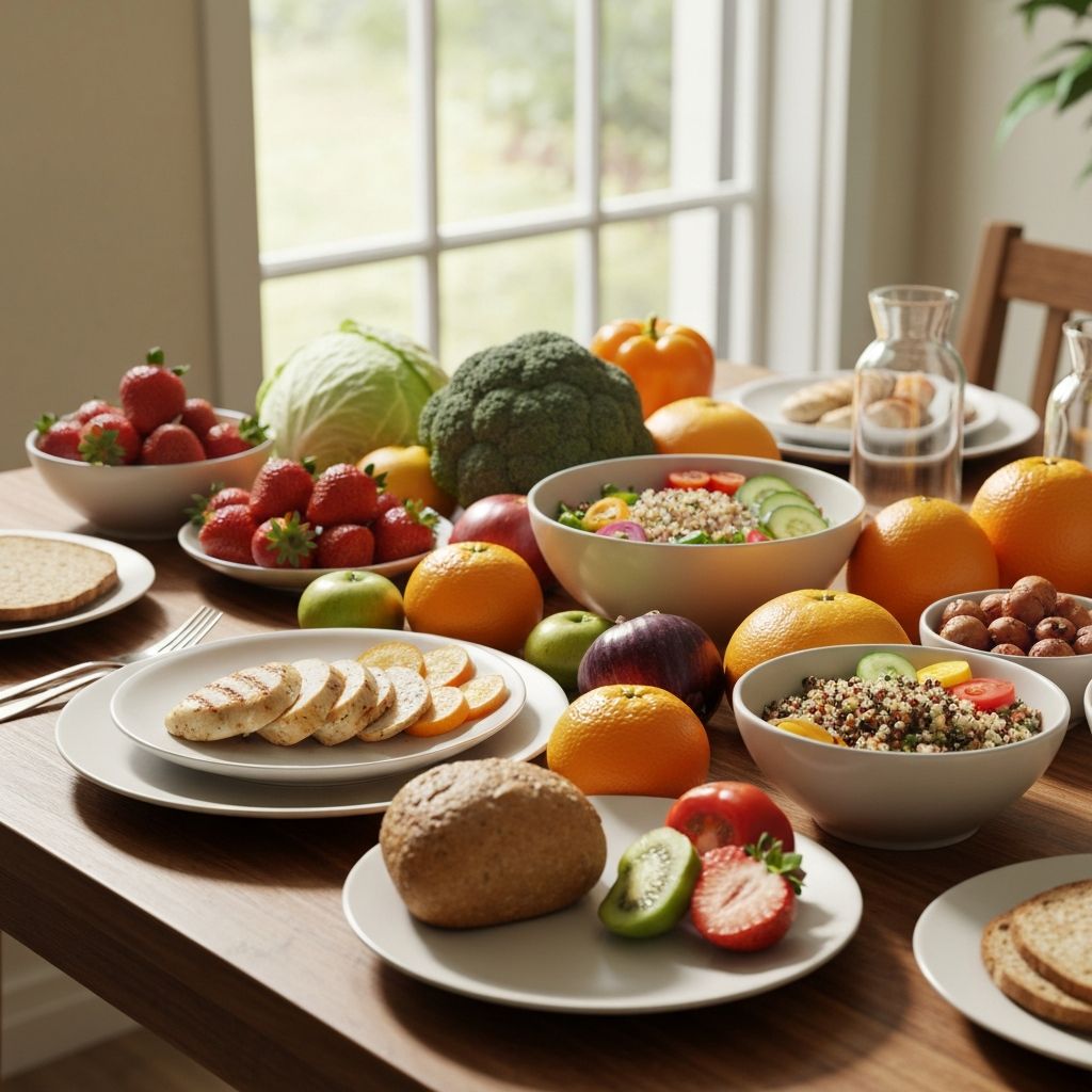 Repas quotidiens variés avec légumes et fruits